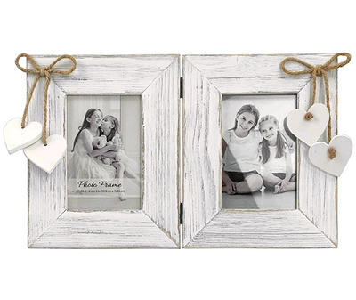 Distressed White Heart-Accent Double Picture Frame, (4" x 6")