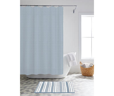 Light Blue 14-Piece Shower Curtain & Stripe Noodle Bath Rug Set