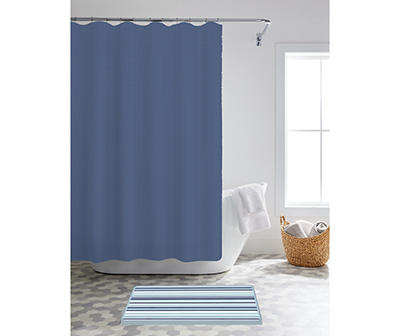 Blue 14-Piece Shower Curtain & Stripe Noodle Bath Rug Set