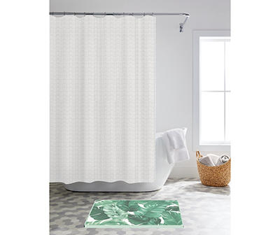 Green 14-Piece Shower Curtain & Tropical Palm Noodle Bath Rug Set