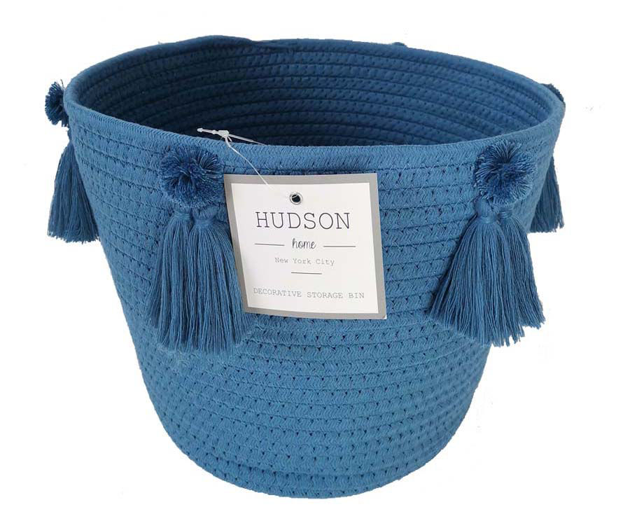 Hudson Home Blue Cotton Tassel Rope Bin