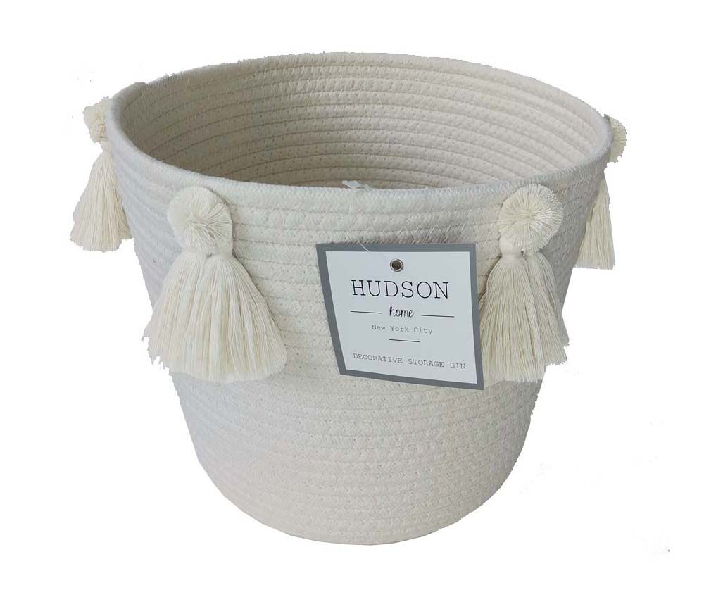Hudson Home White Cotton Tassel Rope Bin