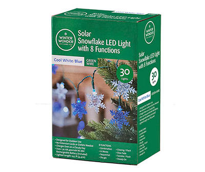 Cool White & Blue 8-Function Snowflake LED Solar Light Set, 30-Lights