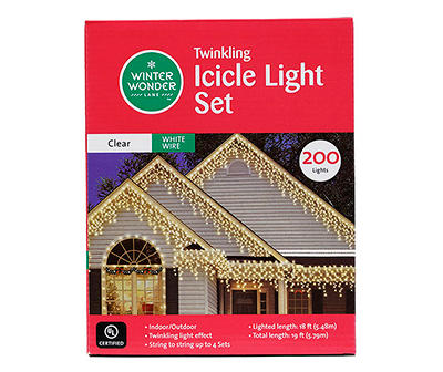 Clear Twinkling Icicle Light Set with White Wire, 200-Lights