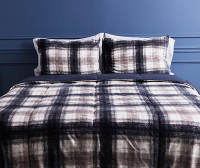Serta Perfect Sleeper Navy & Tan Plaid Plush Velvet Comforter Set