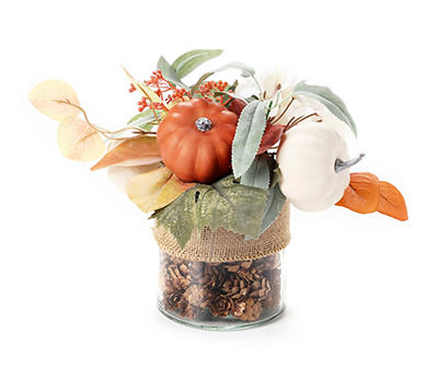 Floral & Pumpkin Arrangement in Pinecone Filled Jar