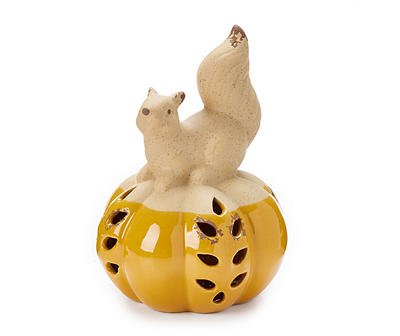 Squirrel On Orange Dip Pumpkin LED Ceramic Decor