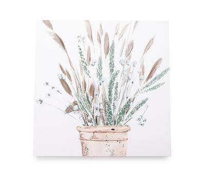 White & Green Embellished Cattail Wrapped Canvas
