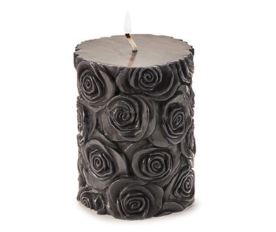 Black Carved Rose Pillar Candle, (4")