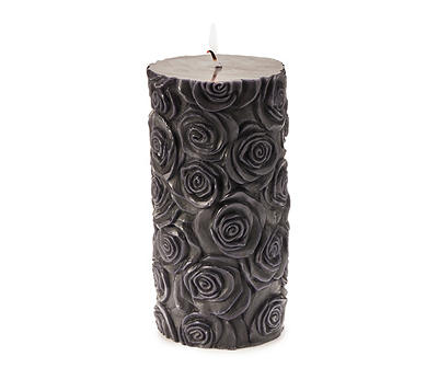 Black Carved Rose Pillar Candle, (6")