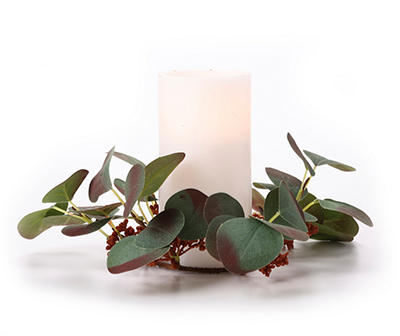 Ivory LED Pillar Candle With Green Eucalyptus Ring, (6