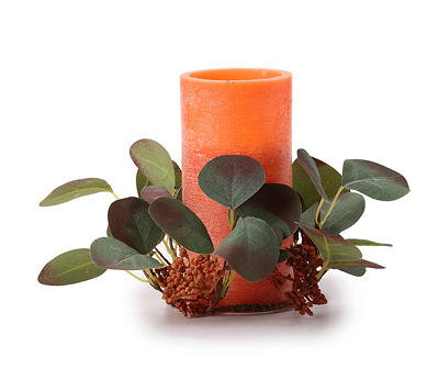 Orange LED Pillar Candle With Green Eucalyptus Ring, (6