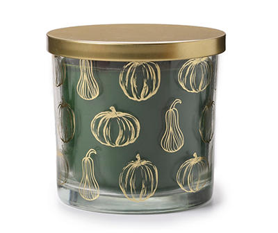 Fall Leaves & Acorns Dark Green Gold Foil Pumpkin Decal Jar Candle, 14 oz.
