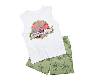 Baby Size 24M White Logo Tank & Green Dino Shorts