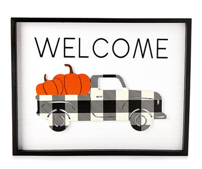"Welcome" Plaid Truck & Pumpkin Framed Box Plaque