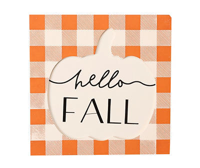 "Hello Fall" Orange Plaid Box Plaque