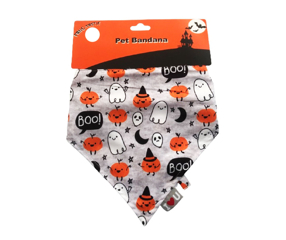 Large "Boo" Gray Pumpkin & Ghosts Pet Bandana