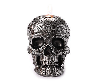 Dark Gray Metallic Ornate Skull Candle