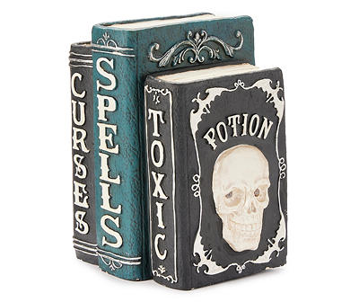 "Curses, Spells, Toxic" Skull Book Stack LED Tabletop Decor