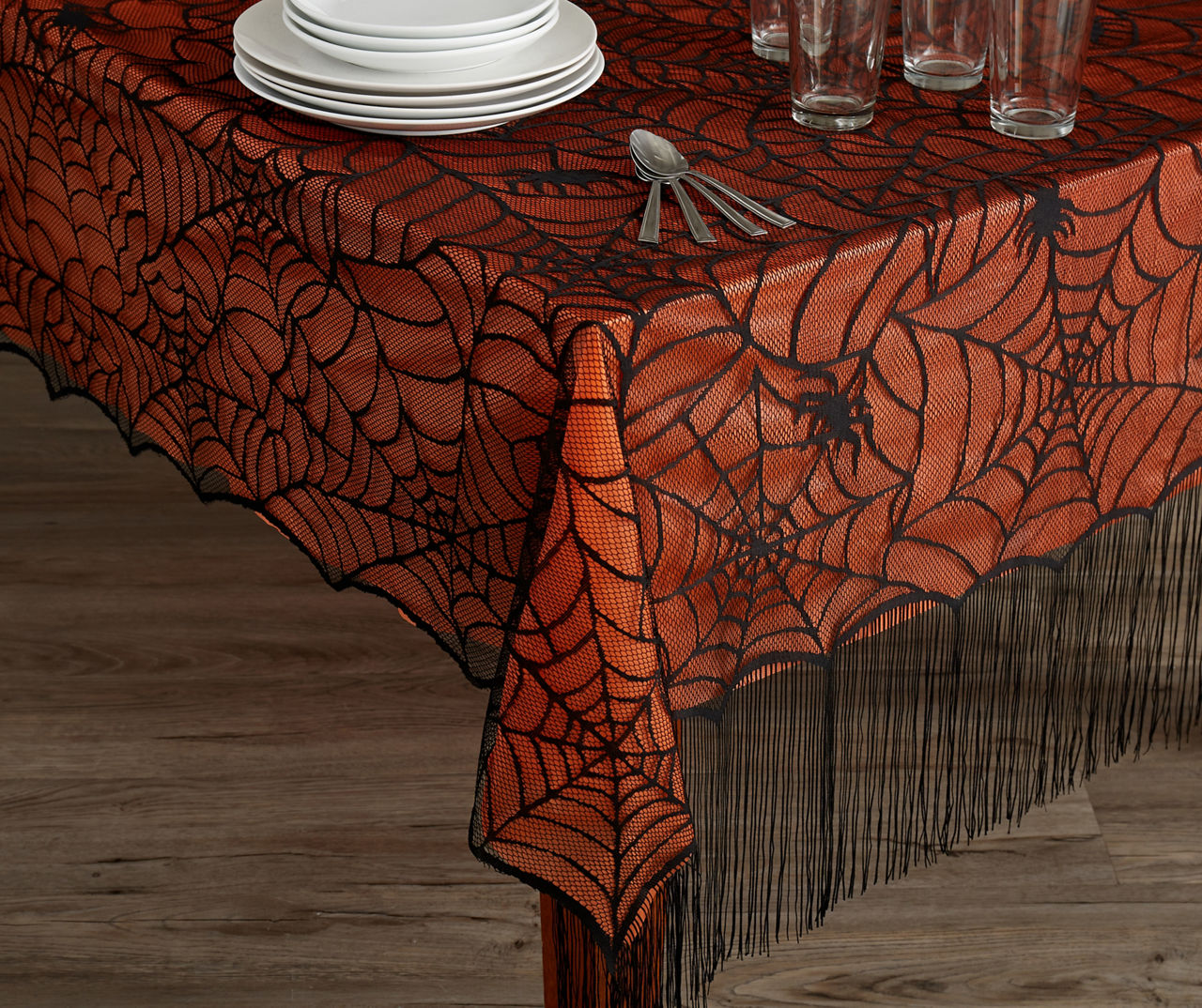 Black Spider Web Fringe-Trim Lace Tablecloth With Orange PEVA Liner, (52" x 70")