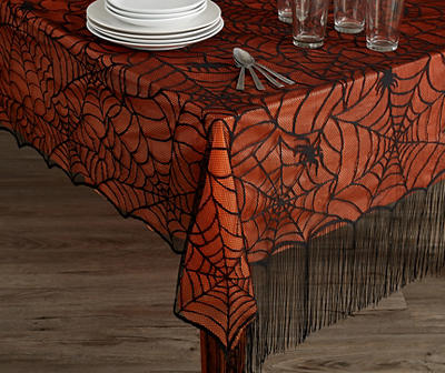 Black Spider Web Fringe-Trim Lace Tablecloth With Orange PEVA Liner