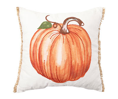 Orange & White Watercolor Pumpkin Lace-Trim Square Throw Pillow