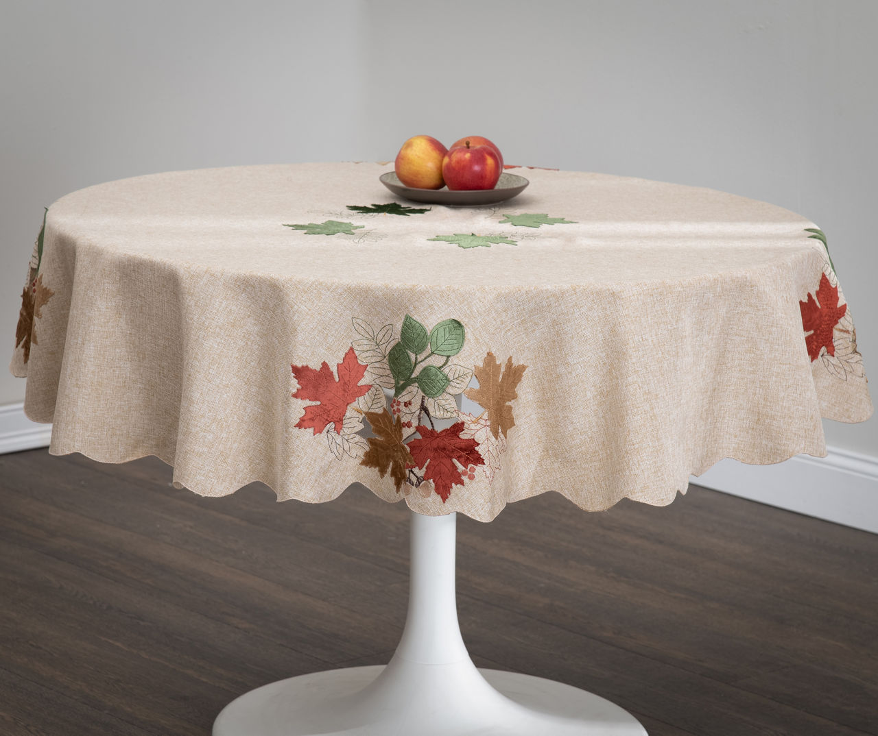 Brown & Red Leaves Cutout-Accent Round Fabric Tablecloth, (60