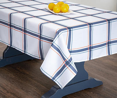 White & Blue Plaid Fabric Tablecloth
