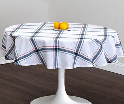 White & Blue Plaid Round Fabric Tablecloth, (60
