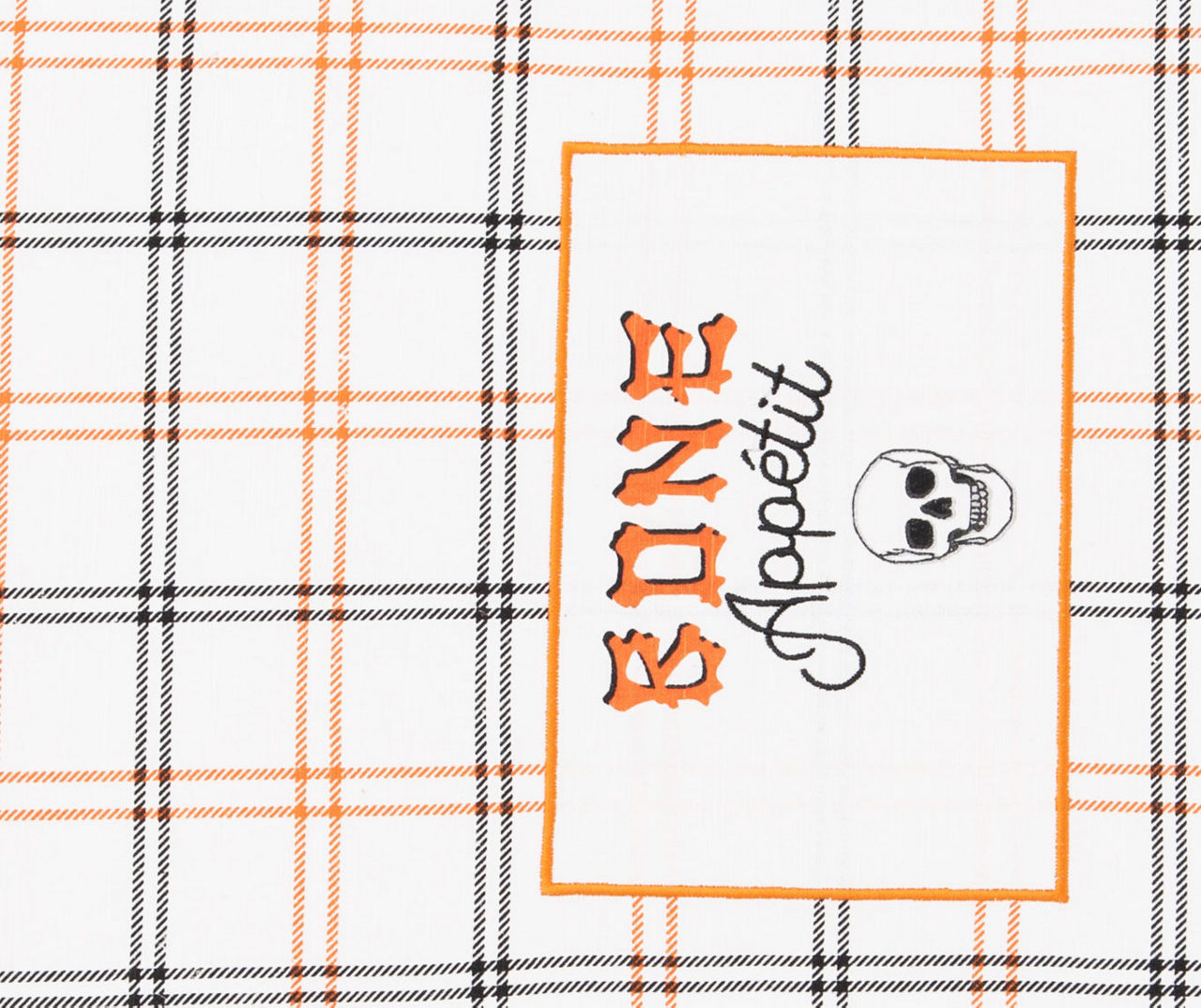 "Bone Appetit" White, Black & Orange Plaid Table Runner