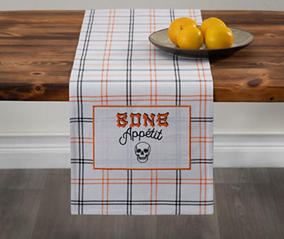 "Bone Appetit" White, Black & Orange Plaid Table Runner