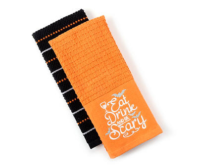 "Eat, Drink & Be Scary" Orange & Black 2-Piece Kitchen Towel Set