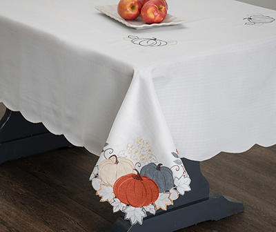 Beige & Orange Pumpkin Cutout-Trim Fabric Tablecloth, (60