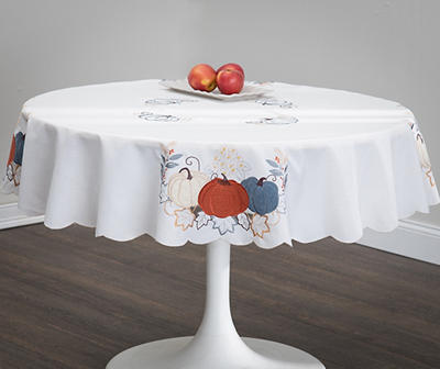 Beige & Orange Pumpkin Cutout-Trim Round Fabric Tablecloth, (60