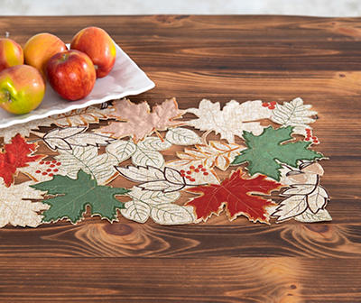 Beige, Red & Green Cutout Leaves Table Runner