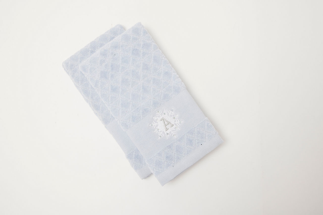 "A" Blue Diamond Lattice Snowflake Monogram Fingertip Towel, 2-Pack