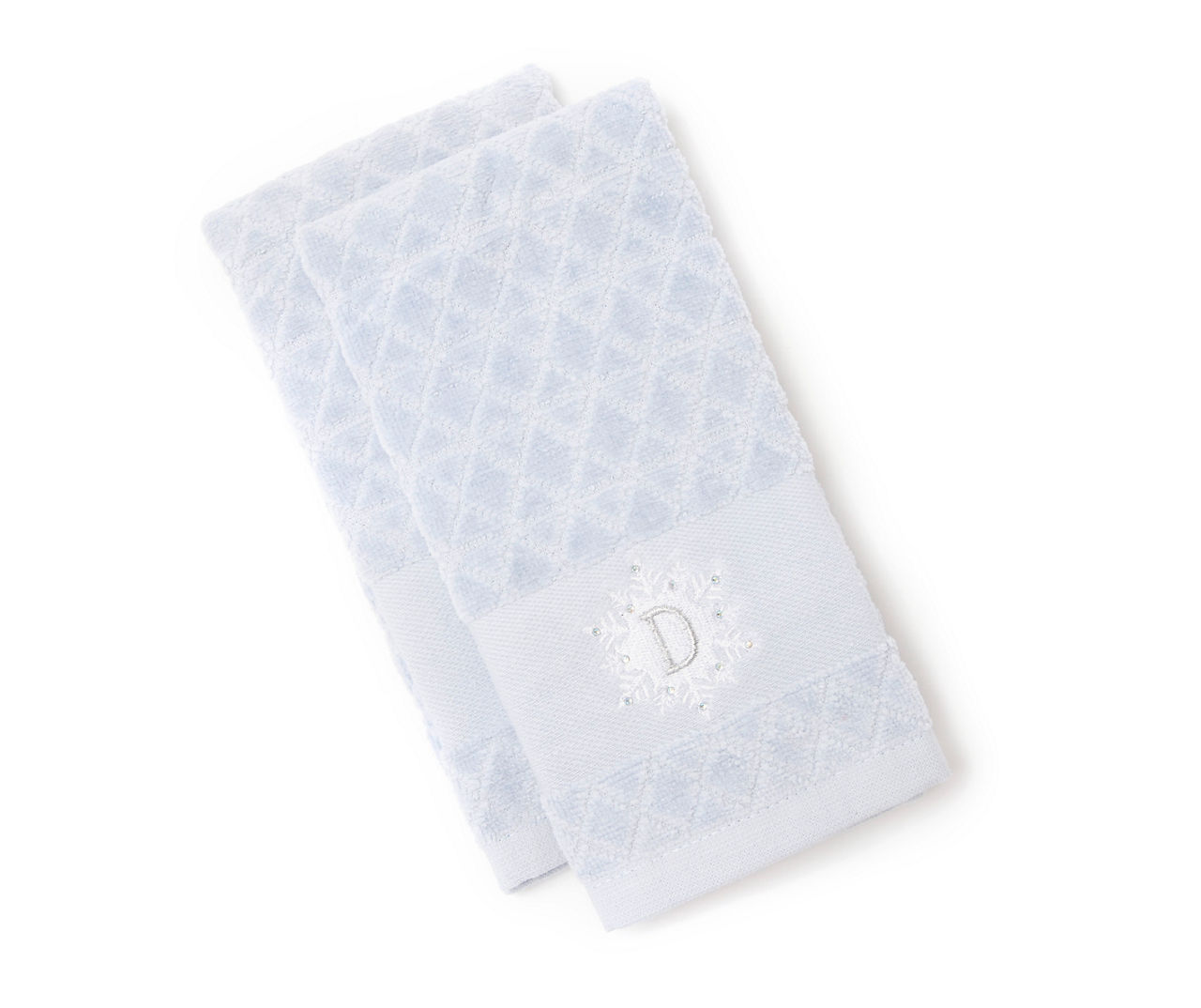 "D" Blue Diamond Lattice Snowflake Monogram Fingertip Towel, 2-Pack