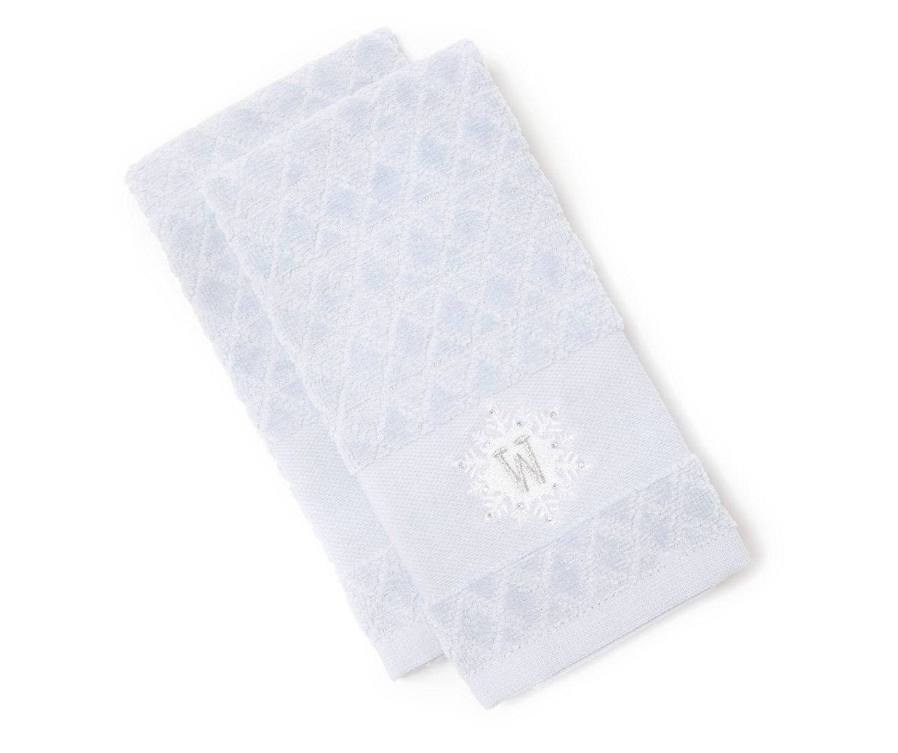 "W" Blue Diamond Lattice Snowflake Monogram Fingertip Towel, 2-Pack