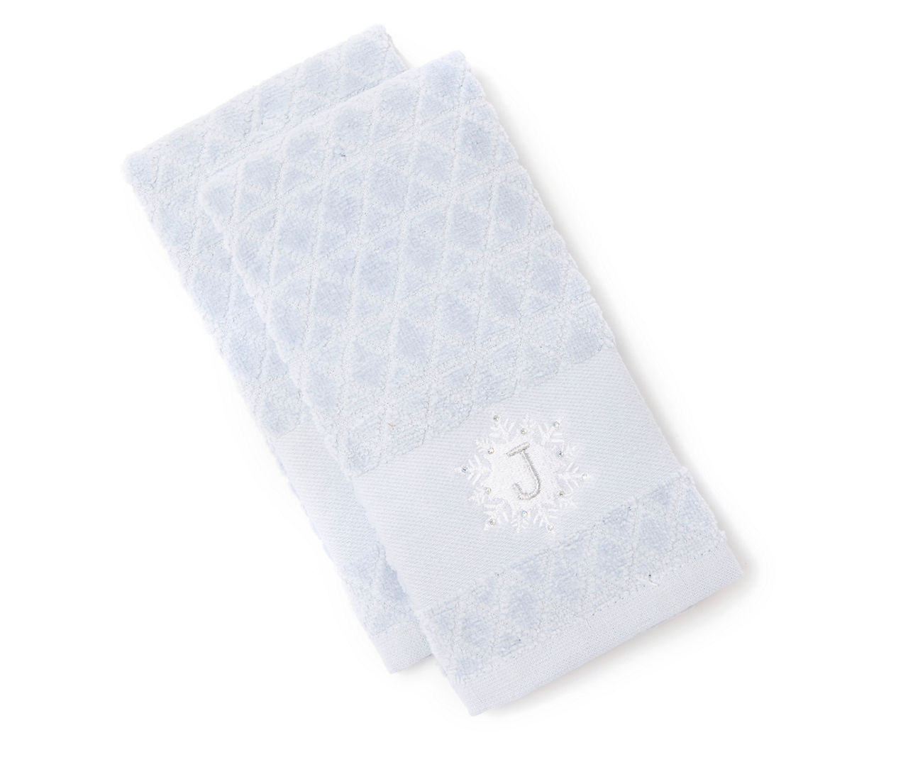 "J" Blue Diamond Lattice Snowflake Monogram Fingertip Towel, 2-Pack