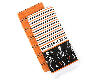 "Creep It Real" Orange & Black Skeleton 2-Piece Kitchen Towel Set