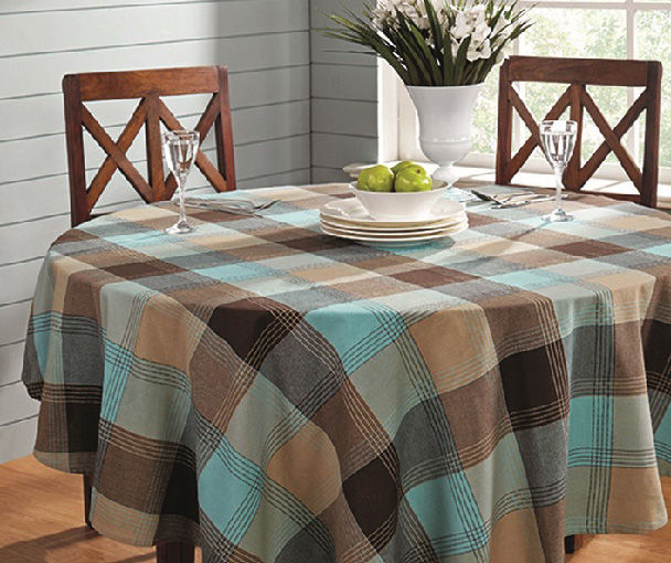 Mineral Blue & Brown Plaid Round Cotton Tablecloth, (70")