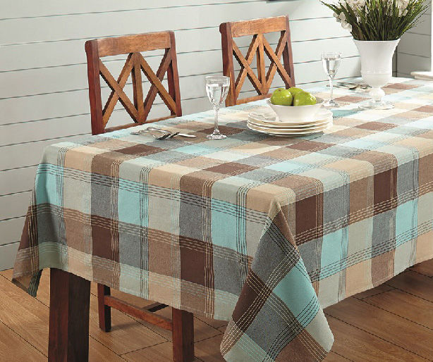 Mineral Blue & Brown Plaid Cotton Tablecloth, (60" x 84")