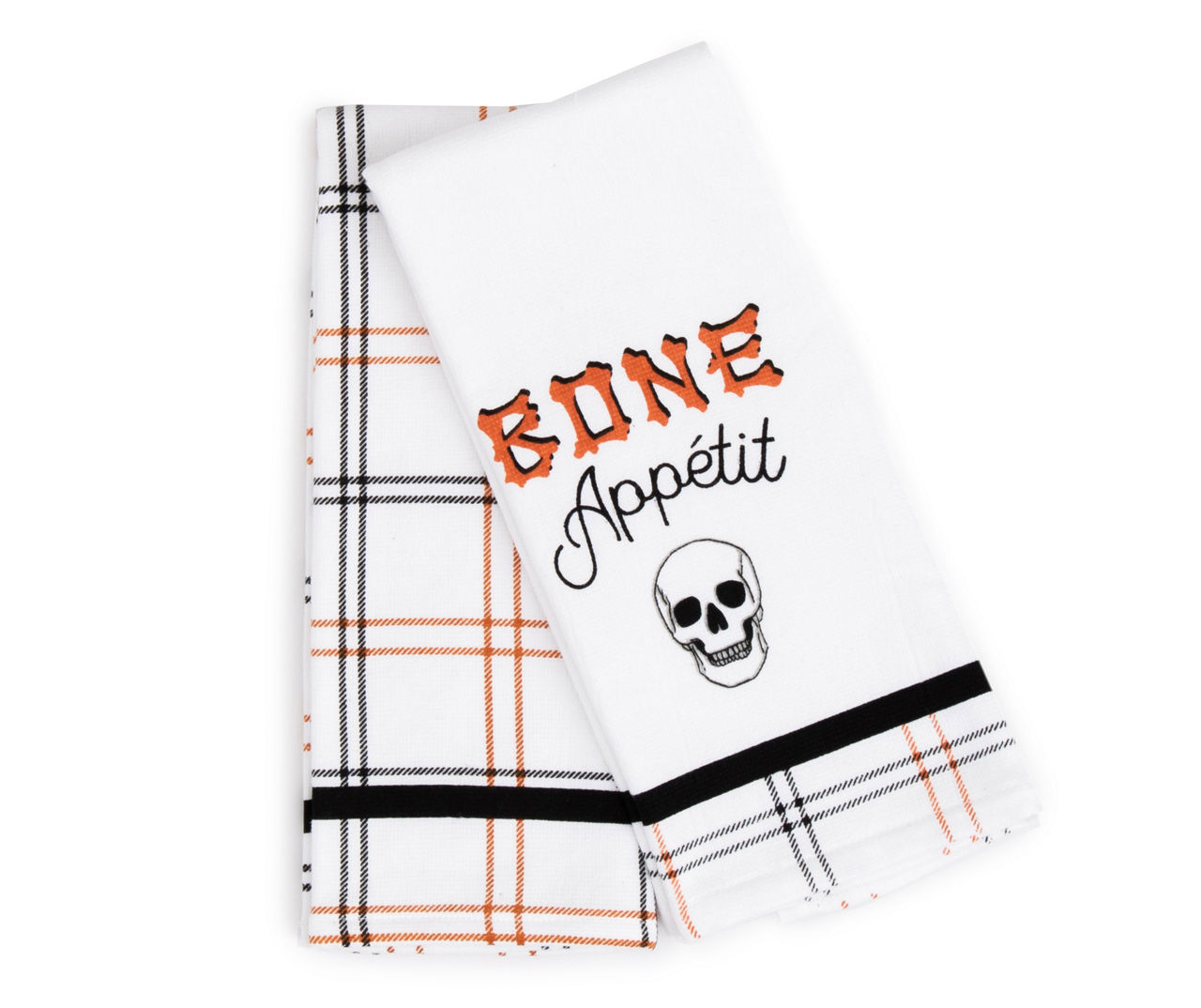 "Bone Appetit" White, Black & Orange Plaid 2-Piece Kitchen Towel Set