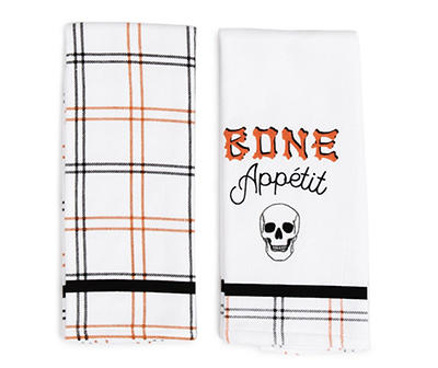"Bone Appetit" White, Black & Orange Plaid 2-Piece Kitchen Towel Set