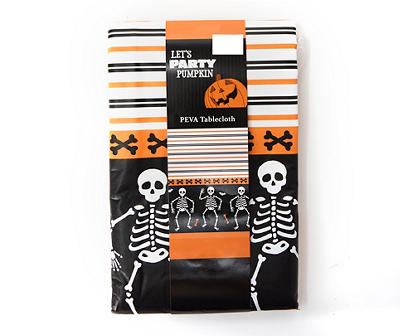 Black & Orange Dancing Skeleton & Stripe PEVA Tablecloth, (52" x 70")
