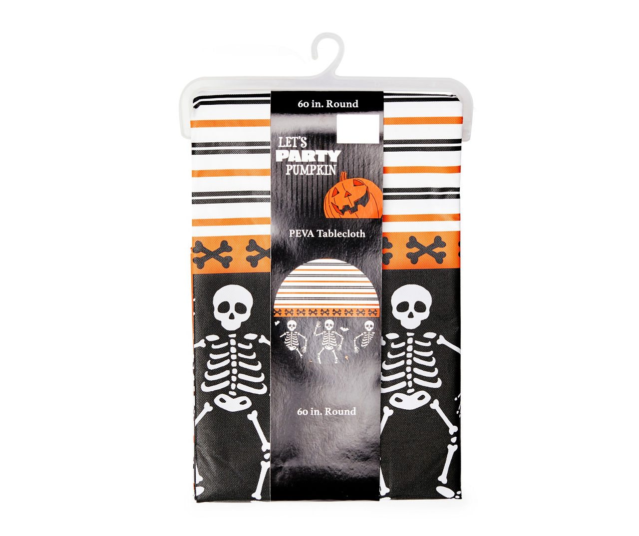 Black & Orange Dancing Skeleton & Stripe Round PEVA Tablecloth, (60")