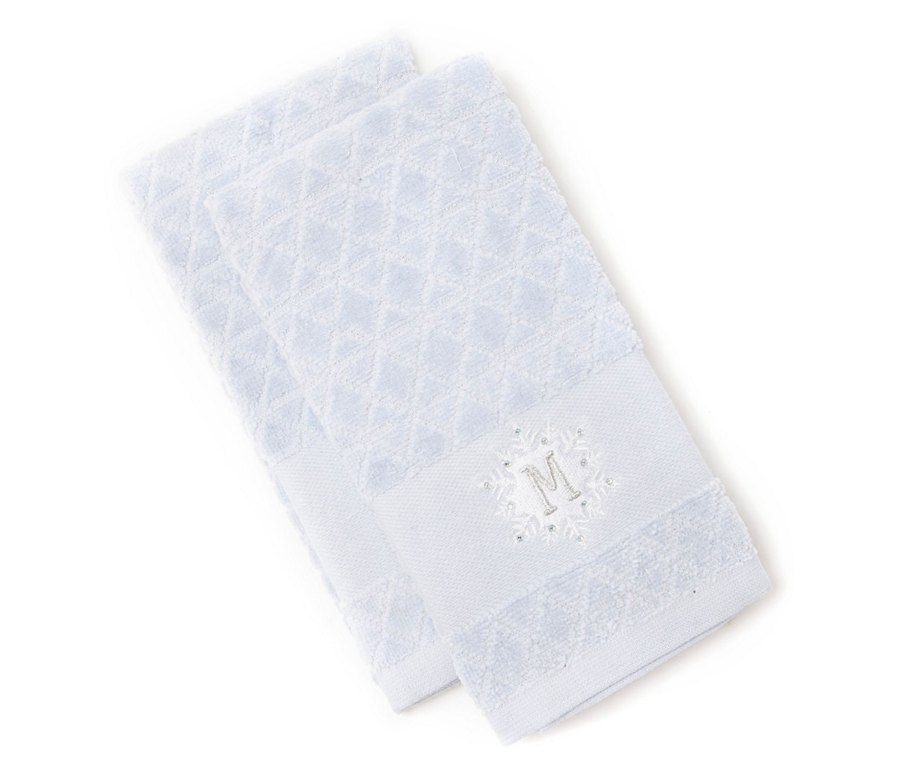"M" Blue Diamond Lattice Snowflake Monogram Fingertip Towel, 2-Pack