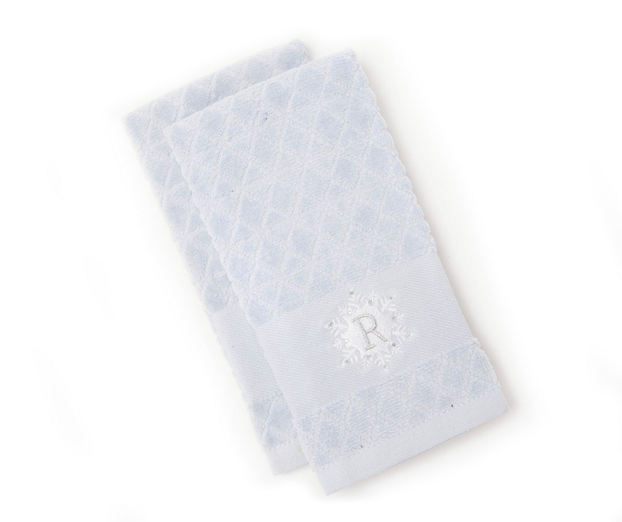 "R" Blue Diamond Lattice Snowflake Monogram Fingertip Towel, 2-Pack