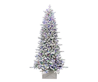 7.5' Cleveland Flocked Pre-Lit LED Artificial Christmas Tree Urn with Dual Color Lights