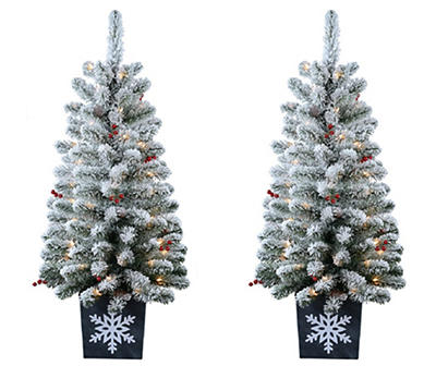 4' Syracuse Flocked Pre-Lit Artificial Christmas Urn Trees, 2-Pack